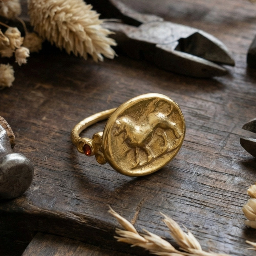 Turkish handmade lion ring with bronze coin and orange topaz gemstone, unique artisan design
