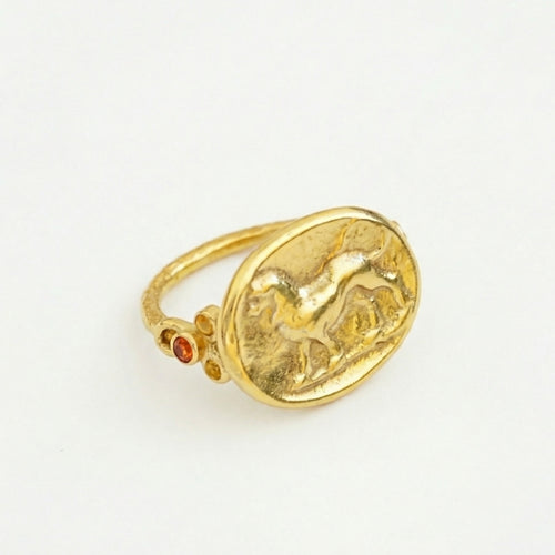  Handcrafted gold lion coin ring with orange topaz stone, 925 sterling silver, Turkish artisan jewelry by Sultan