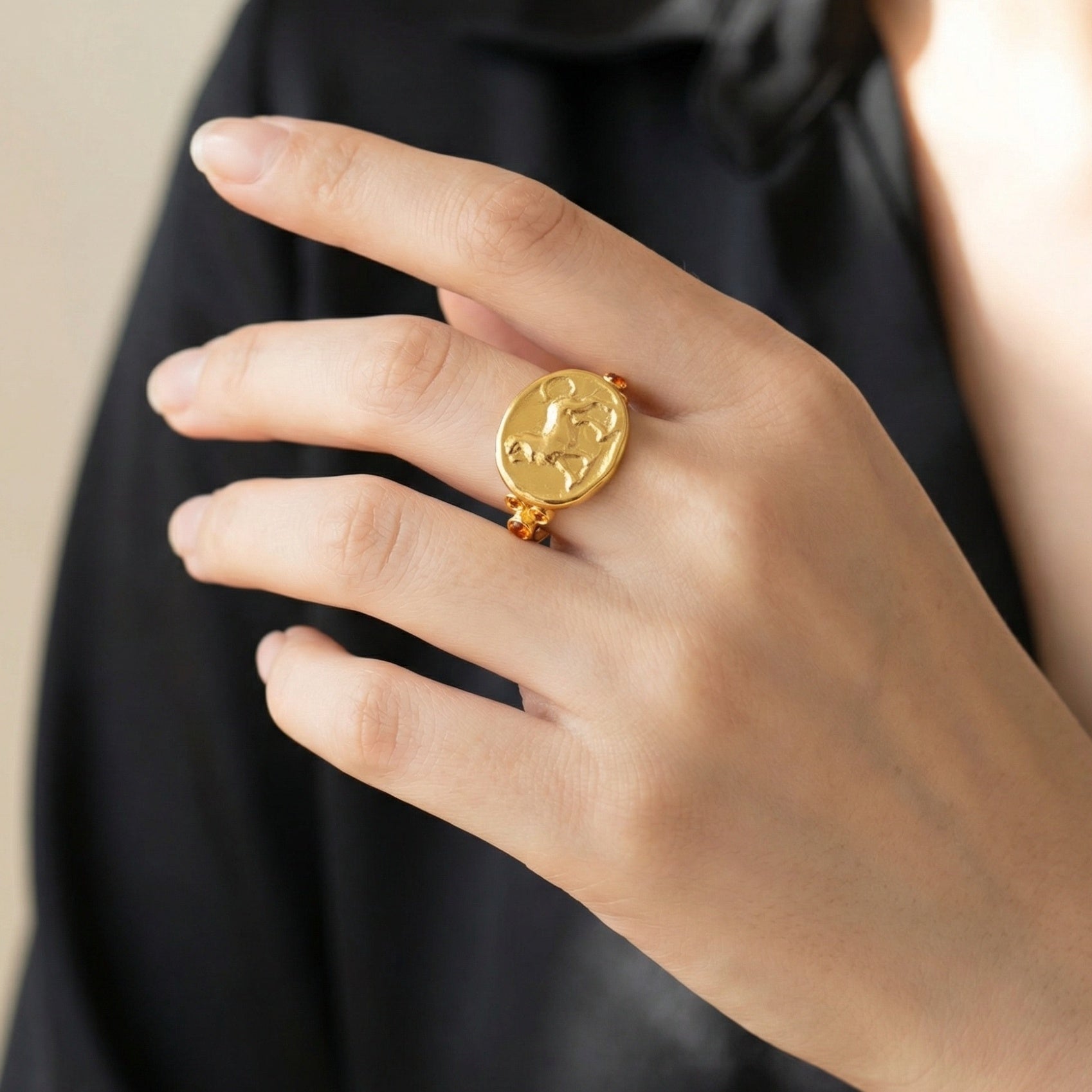  Ancient Anatolian-inspired lion ring with orange topaz, symbol of strength and joy, handmade in Bodrum