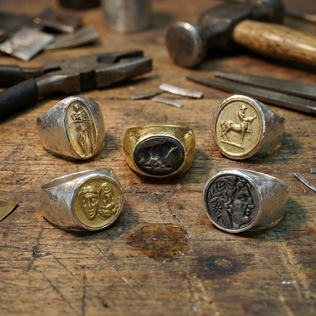 Designer handmade gold bee coin ring inspired by ancient civilizations, handcrafted 925 silver jewelry from Bodrum workshop
