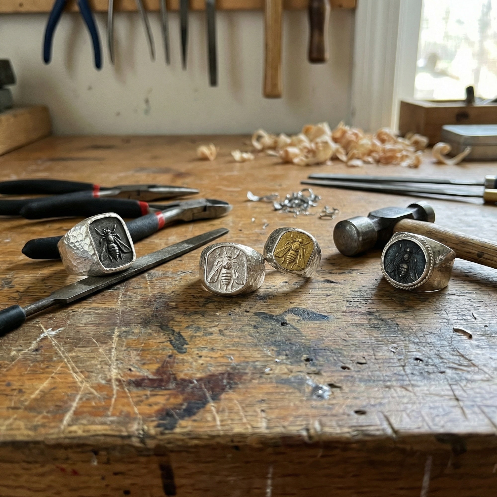 Turkish artisan bee signet ring with oxidized finish, 925 sterling silver men's jewelry handmade by Sultan in Bodrum atelier