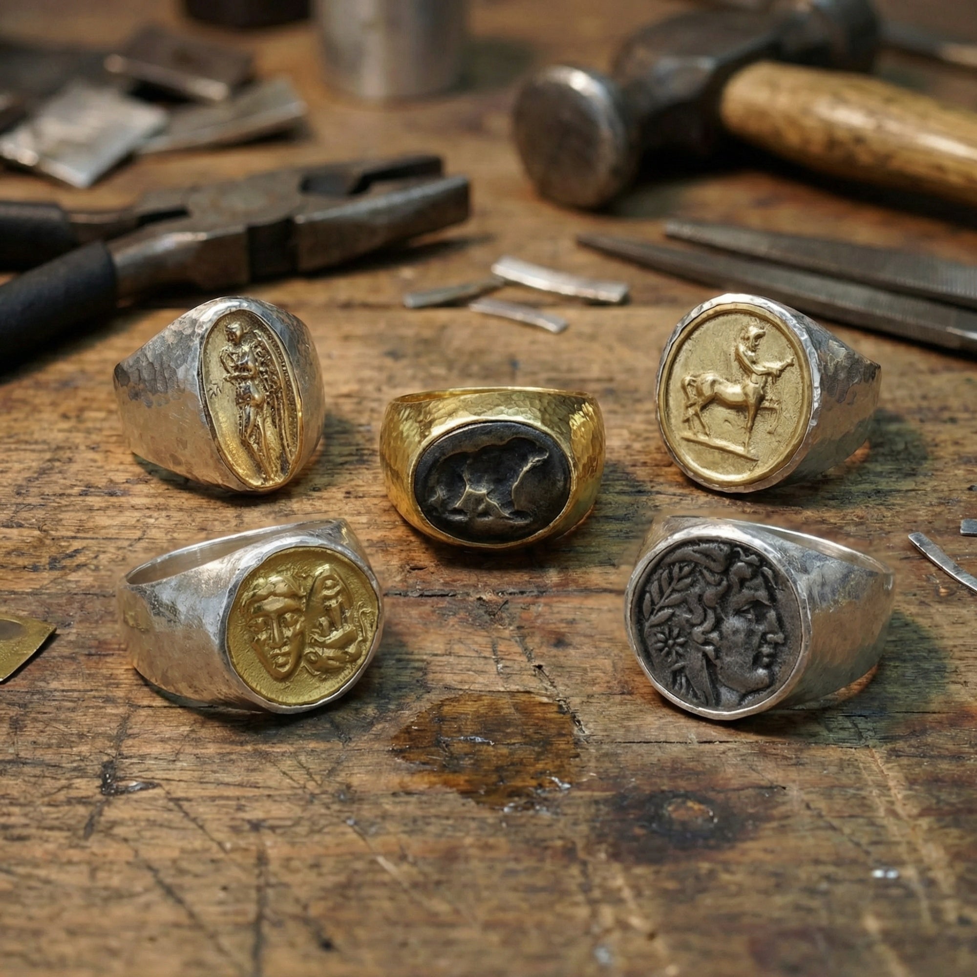 Bee coin signet ring in 925 sterling silver with unique hammered texture, Turkish artisan jewelry symbolizing community and industry by designer Sultan