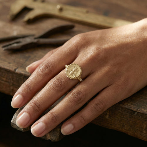 Bee coin ring 925 sterling silver Turkish artisan jewelry handmade in Bodrum Turkey ancient Roman inspired design
