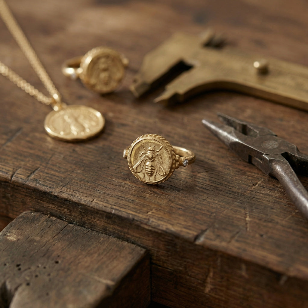 Hammered bee coin ring 925 silver handcrafted Turkish jewelry ancient-inspired design by artisan Sultan