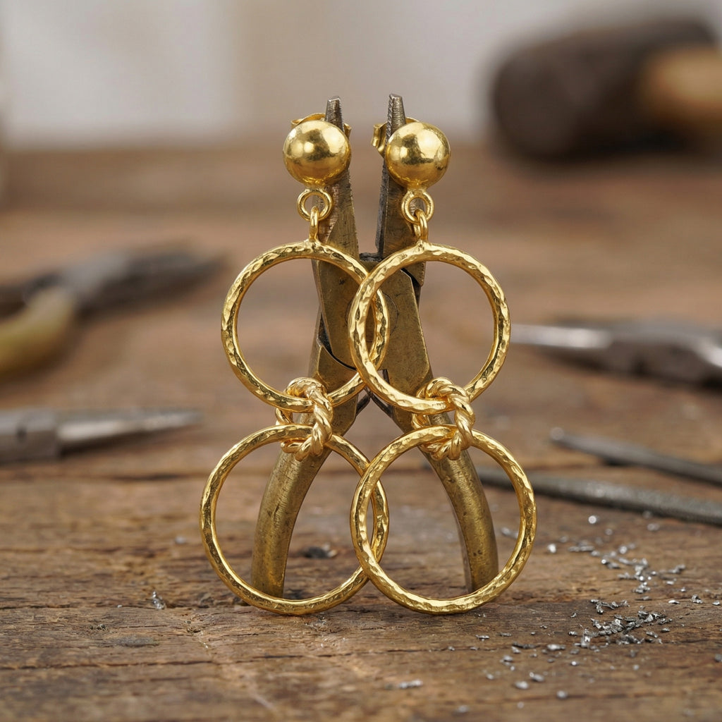Hammered double hoop earrings in 925 sterling silver with gold plating, handcrafted Turkish artisan jewelry by designer Sultan Bodrum
