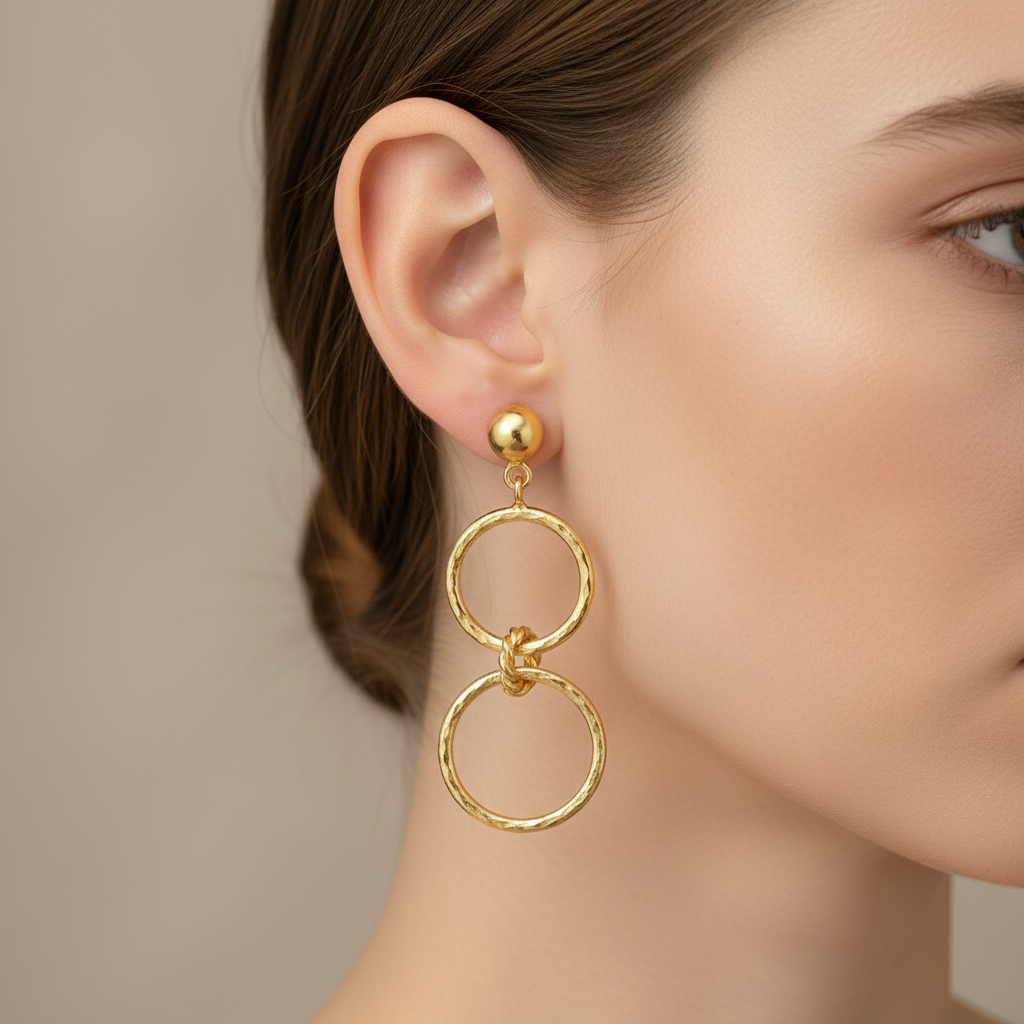 sultan double circle gold earrings hammered style ancient turkish jewelry
