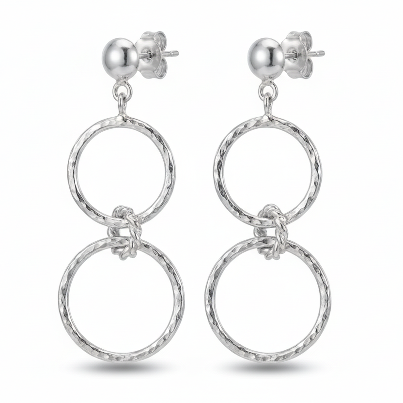 Turkish double hoop earrings in 925 sterling silver with ancient Roman inspired hammered texture, handcrafted artisan jewelry by Sultan Bodrum