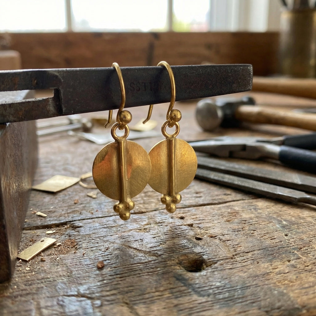 Ancient disc dangle earrings in 925 sterling silver with gold plating, handcrafted Turkish artisan jewelry by designer Sultan Bodrum
