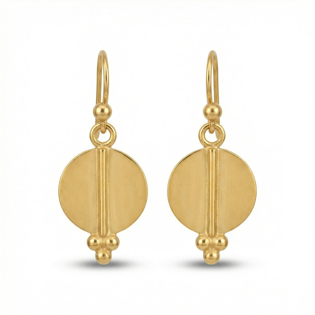 Handmade ancient disc earrings in 925 sterling silver with gold plating, artisan jewelry by Sultan Yilmaz Bodrum featuring Roman sun motif

