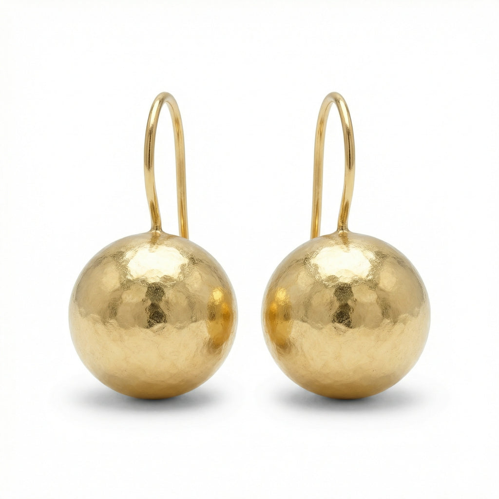 Handmade ancient Roman art ball no stone earrings in 925 sterling silver with gold plating, artisan jewelry by Sultan Yilmaz Bodrum timeless design