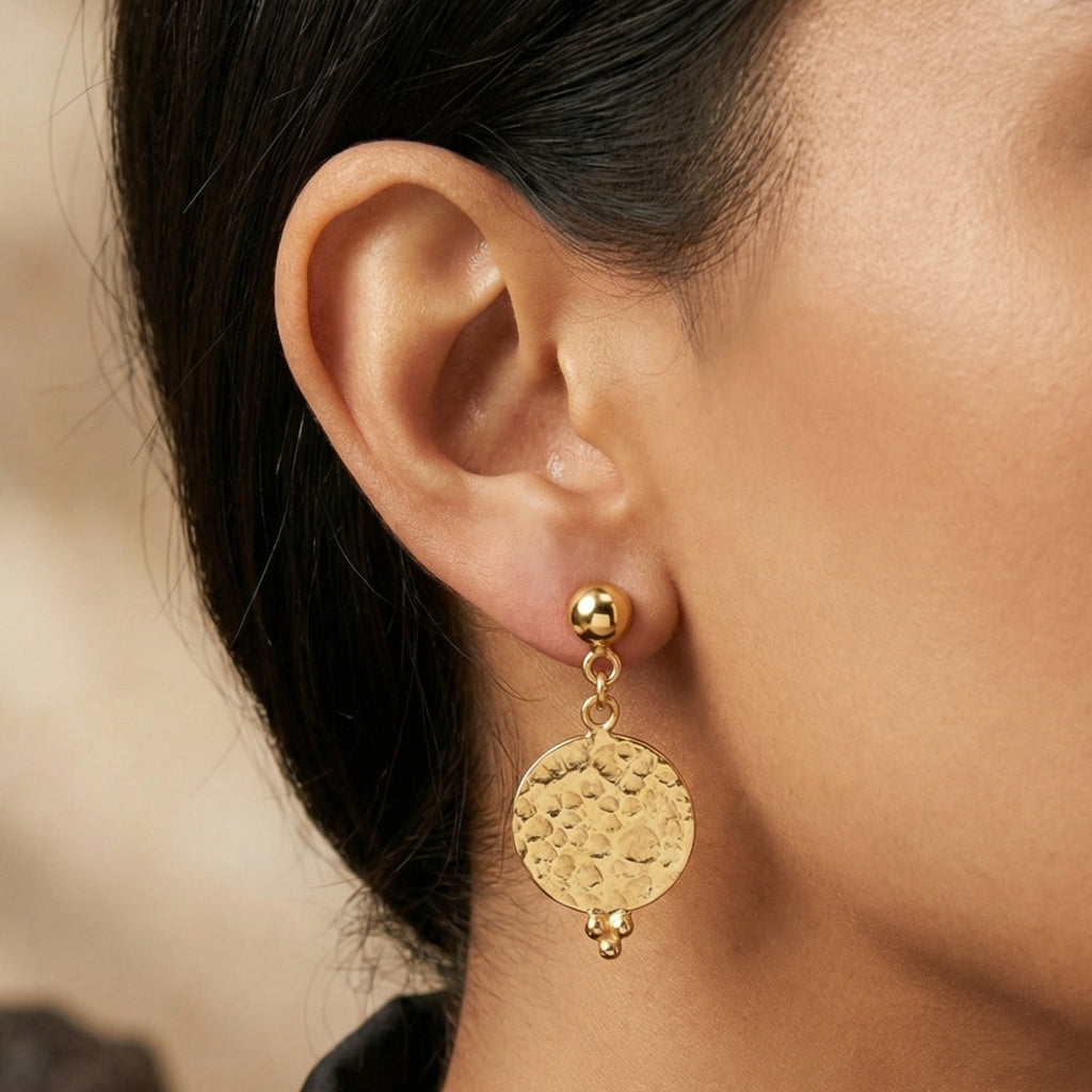 Designer handmade hammered earrings in 925 silver with 24k gold plating, Ancient Roman inspired Turkish jewelry gift by Sultan