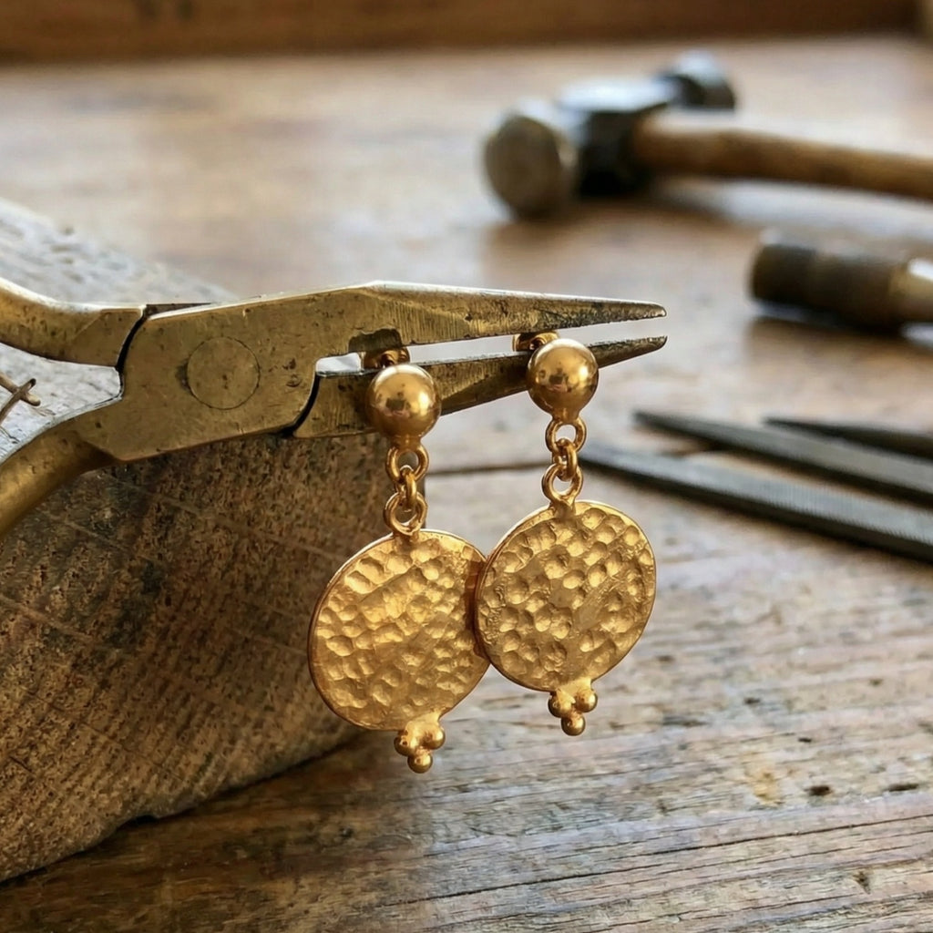 Hammered dangle earrings in 925 sterling silver with gold plating, handcrafted Turkish artisan jewelry by designer Sultan Bodrum