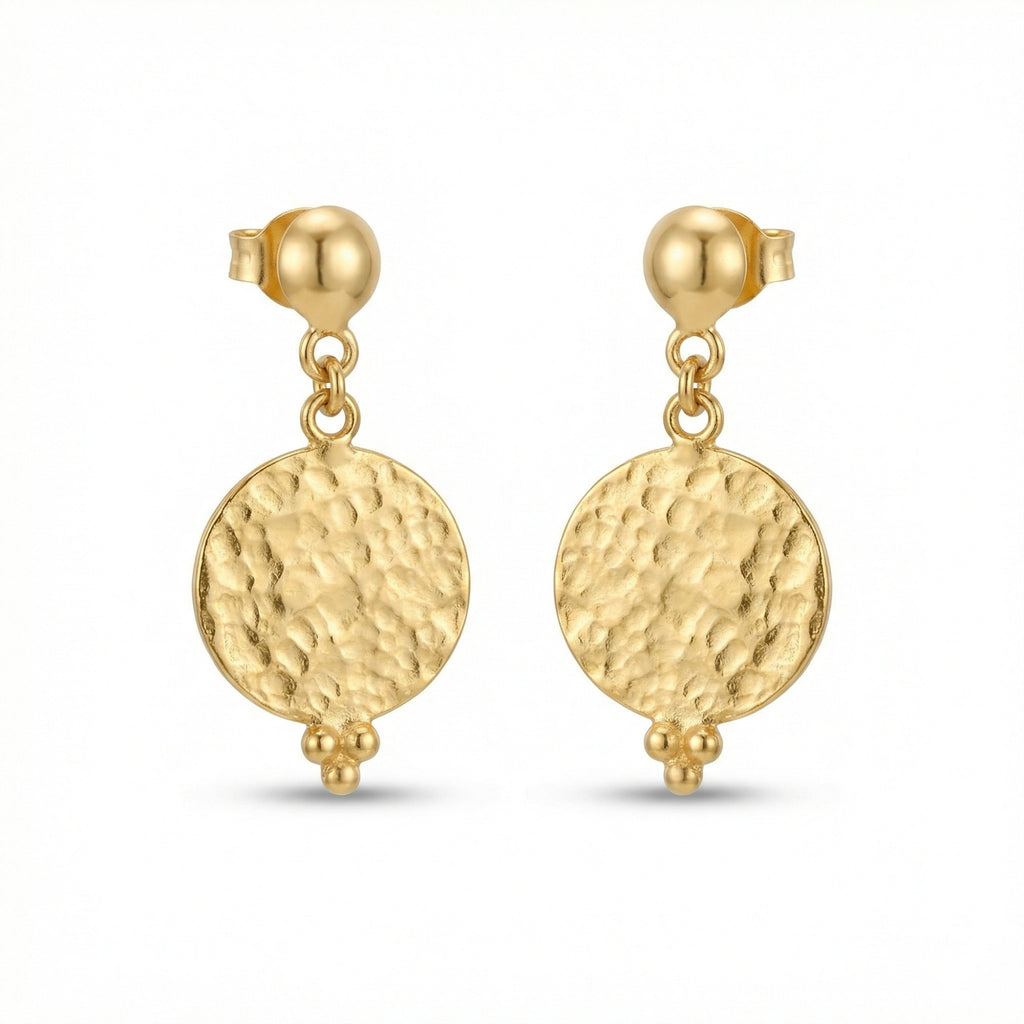 Handmade hammered dangle earrings in 925 sterling silver with gold plating, artisan jewelry by Sultan Yilmaz Bodrum featuring ancient Roman design