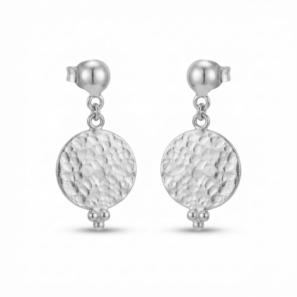 Turkish hammered earrings in 925 sterling silver with ancient Greek inspired design, handcrafted artisan jewelry by Sultan Bodrum symbolizing resilience