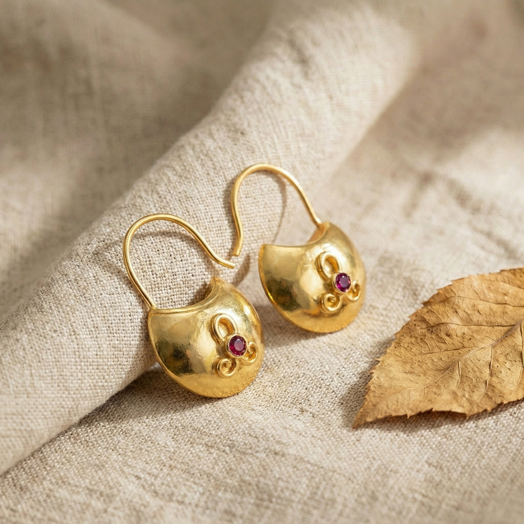 Ancient bag-shaped earrings featuring natural pink topaz gemstones, symbol of love and inner peace, artisan Turkish jewelry