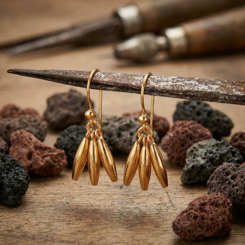 Elegant linear dangle earrings featuring clean lines and ancient-inspired design, timeless Turkish artisan craftsmanship by Sultan Yılmaz
