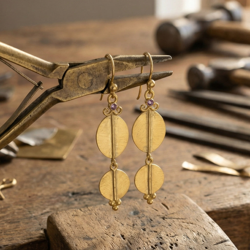 Artisan gold amethyst earrings on model, ancient Troy design, handcrafted in Bodrum workshop, timeless Turkish jewelry gift
