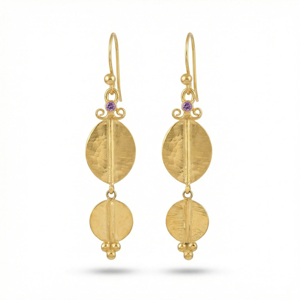 Handmade gold amethyst earrings with ancient Troy design, 925 sterling silver, crafted by designer Sultan in Bodrum atelier
