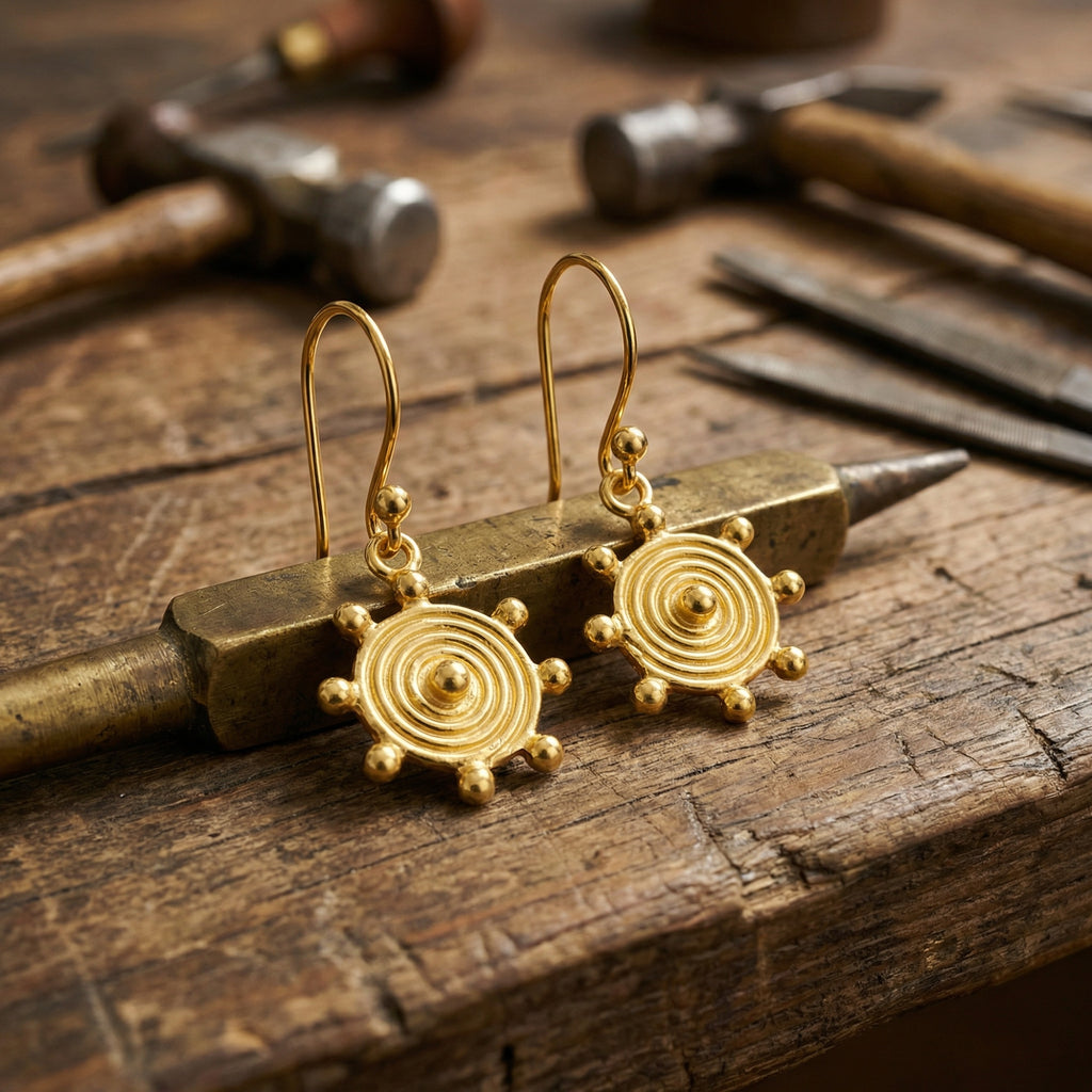Natural 24k gold plated sun motif earrings, 925 silver, symbol of energy and light, Turkish artisan jewelry