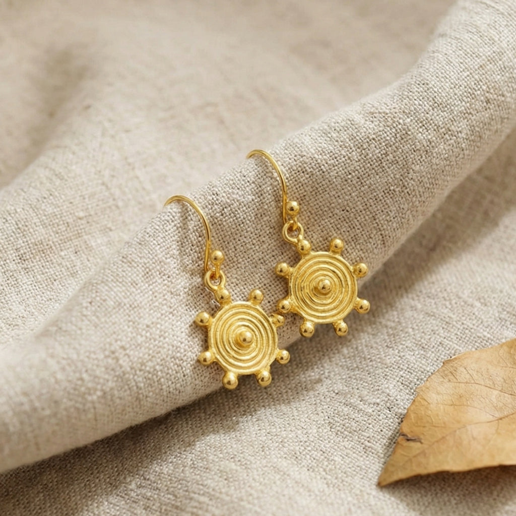 Handmade gold sun earrings with ancient Roman design, 925 sterling silver, crafted by designer Sultan in Bodrum atelier
