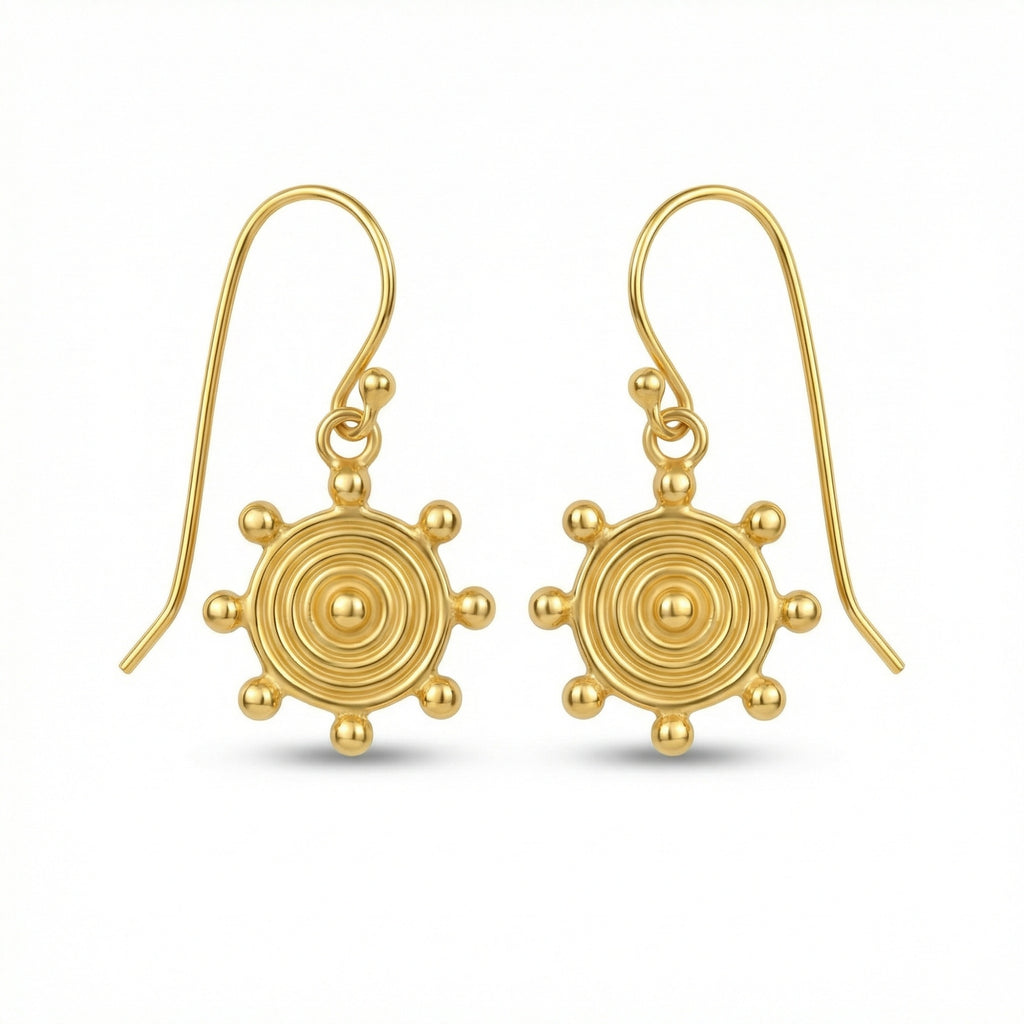 Artisan gold sun earrings, ancient Roman design, handcrafted in Bodrum workshop, timeless Turkish jewelry gift
