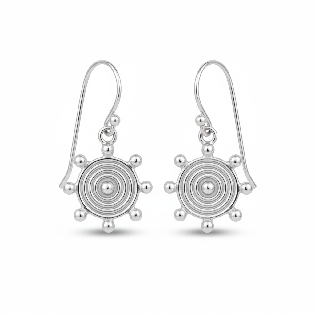 Close-up of handmade sun earrings, 38mm length, 925 sterling silver with gold plating, unique Turkish jewelry by Sultan Yılmaz
