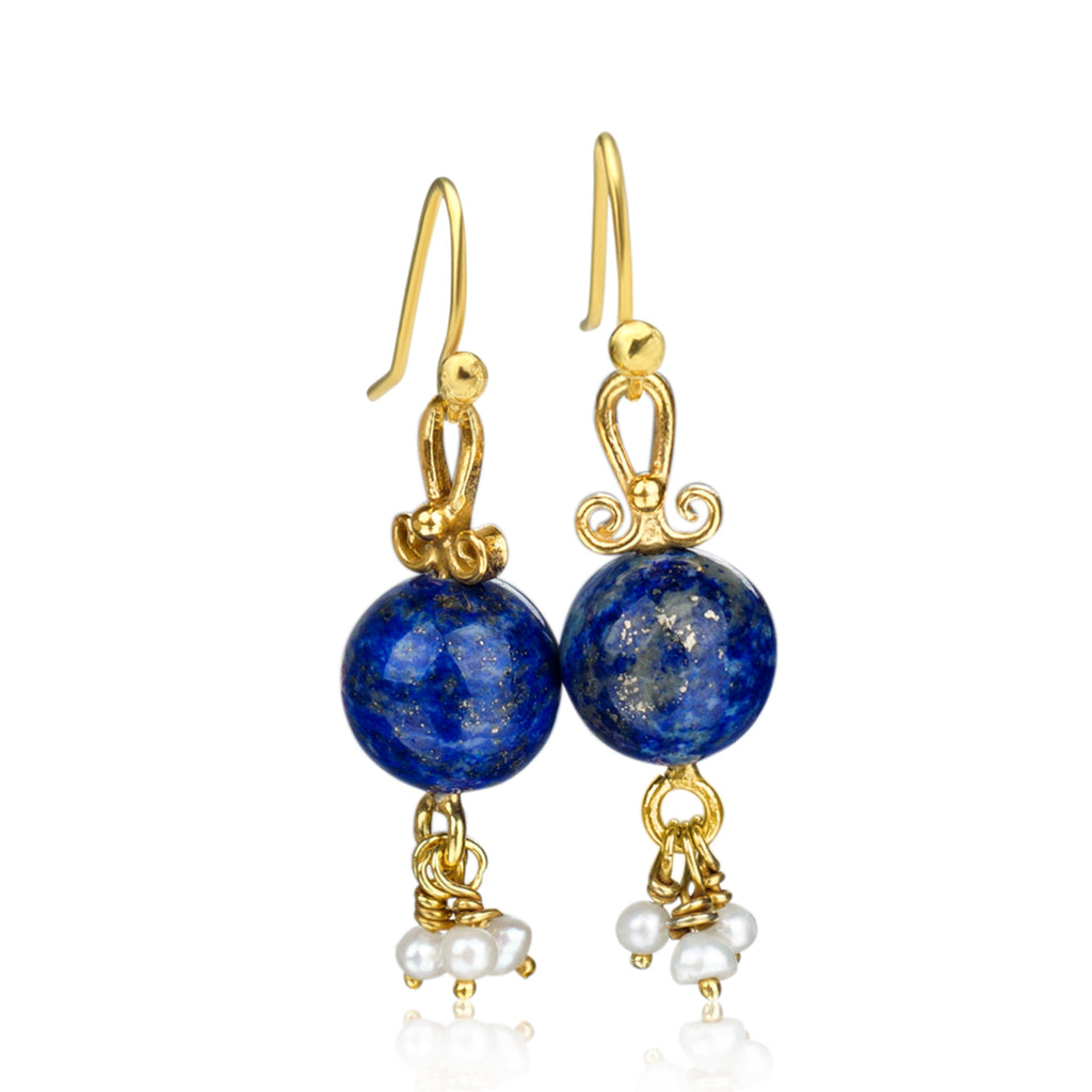 Ancient lapis lazuli and pearl earrings handcrafted in 925 sterling silver with 24k gold plating by Turkish designer Sultan in Bodrum