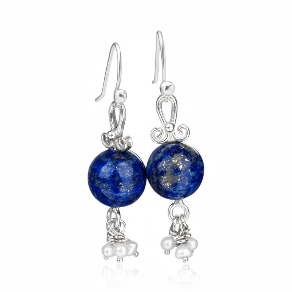 lapis pearl dangle charm earrings by sultan bodrum handmade turkish lapis jewelry