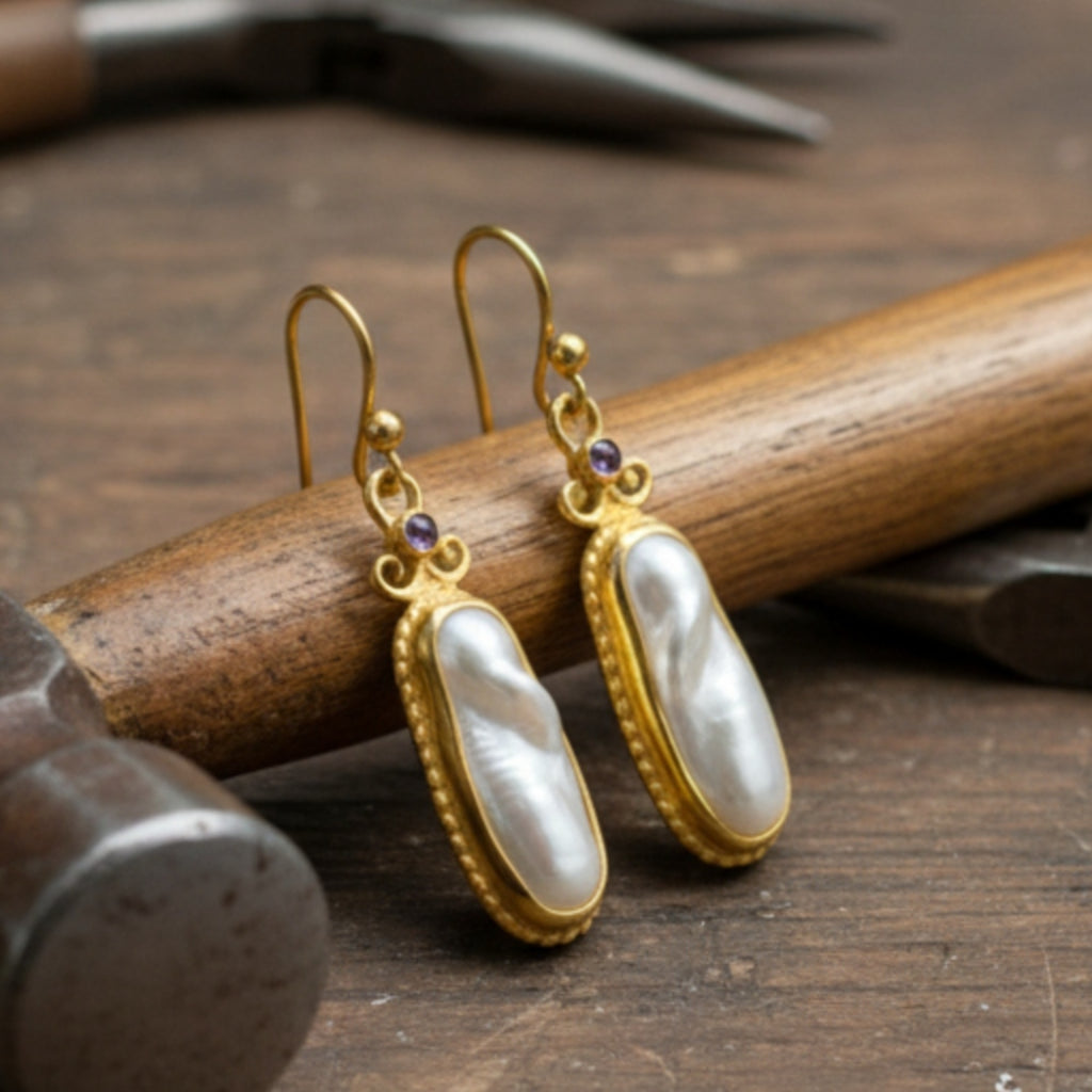 Designer pearl amethyst dangle earrings handcrafted in 925 silver with elegant baroque pearls and purple amethyst stones, Turkish jewelry by Sultan