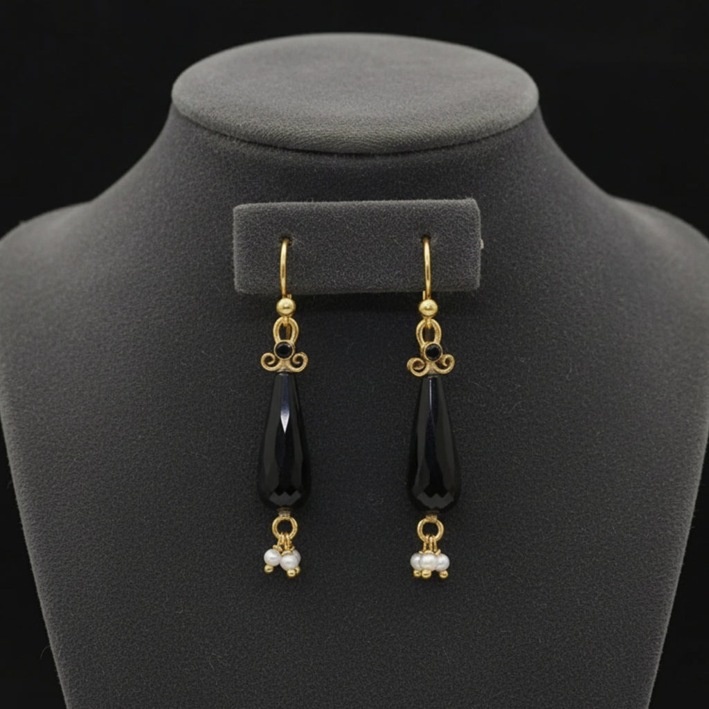 925 silver Onyx and Pearl charm earrings featuring ancient-inspired design by artisan Sultan, Bodrum Turkish jewelry with timeless elegance