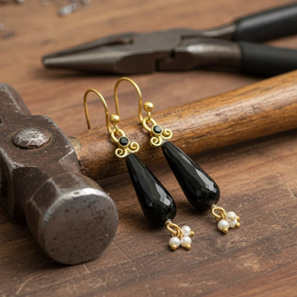 Designer Onyx Pearl charm earrings from AtelierSultan Bodrum, handcrafted Turkish artisan jewelry with 925 sterling silver and symbol of balance