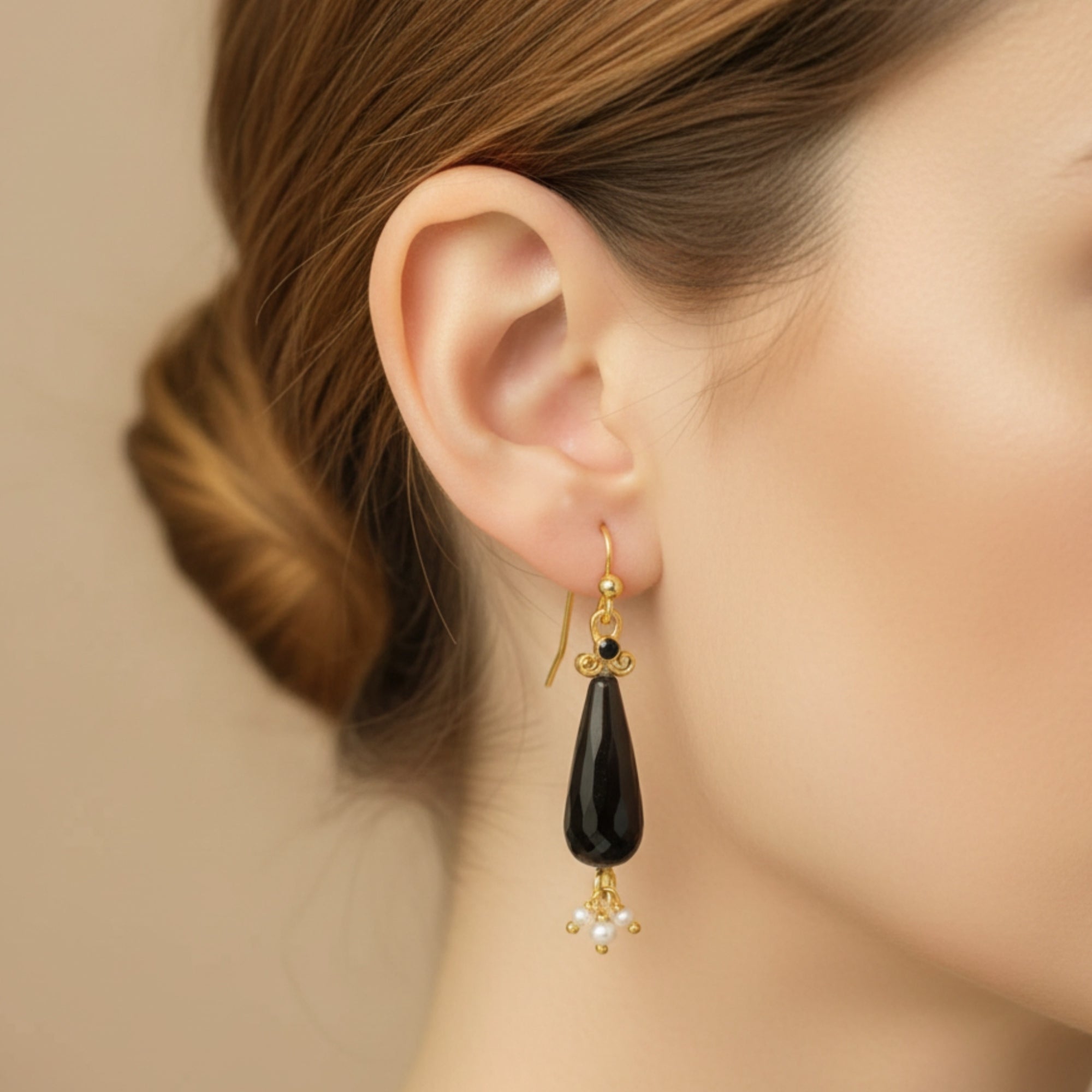 Artisan Onyx Pearl earrings with ancient charm design, handmade by Sultan in Bodrum, Turkish designer jewelry celebrating duality with 925 silver