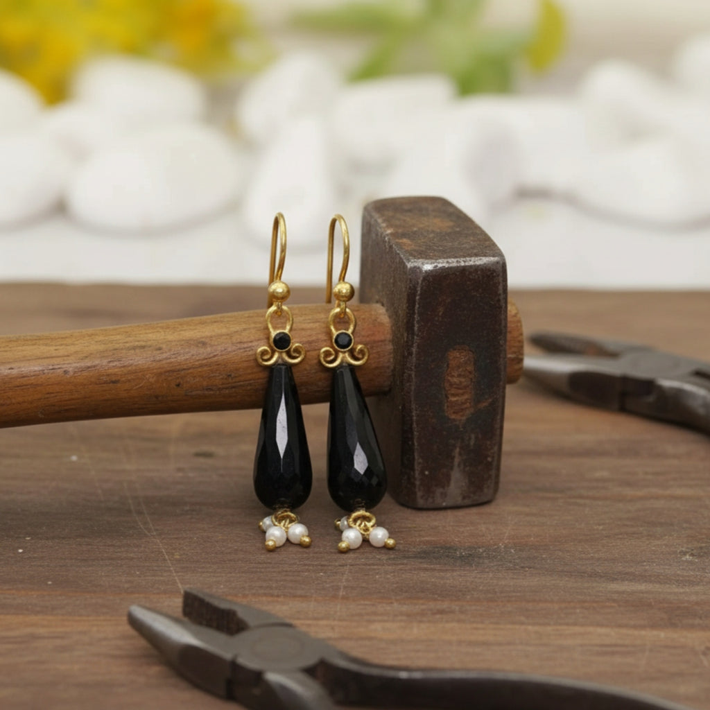 Turkish Onyx and Pearl earrings by designer Sultan Bodrum, 925 silver handmade artisan jewelry gift with ancient art charm and harmony symbol