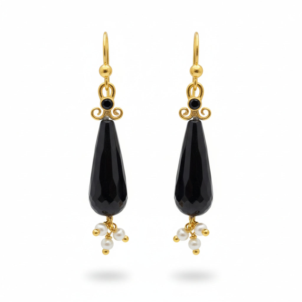 Onyx and Pearl charm earrings handcrafted by designer Sultan in Bodrum atelier, 925 sterling silver Turkish jewelry symbolizing balance and harmony