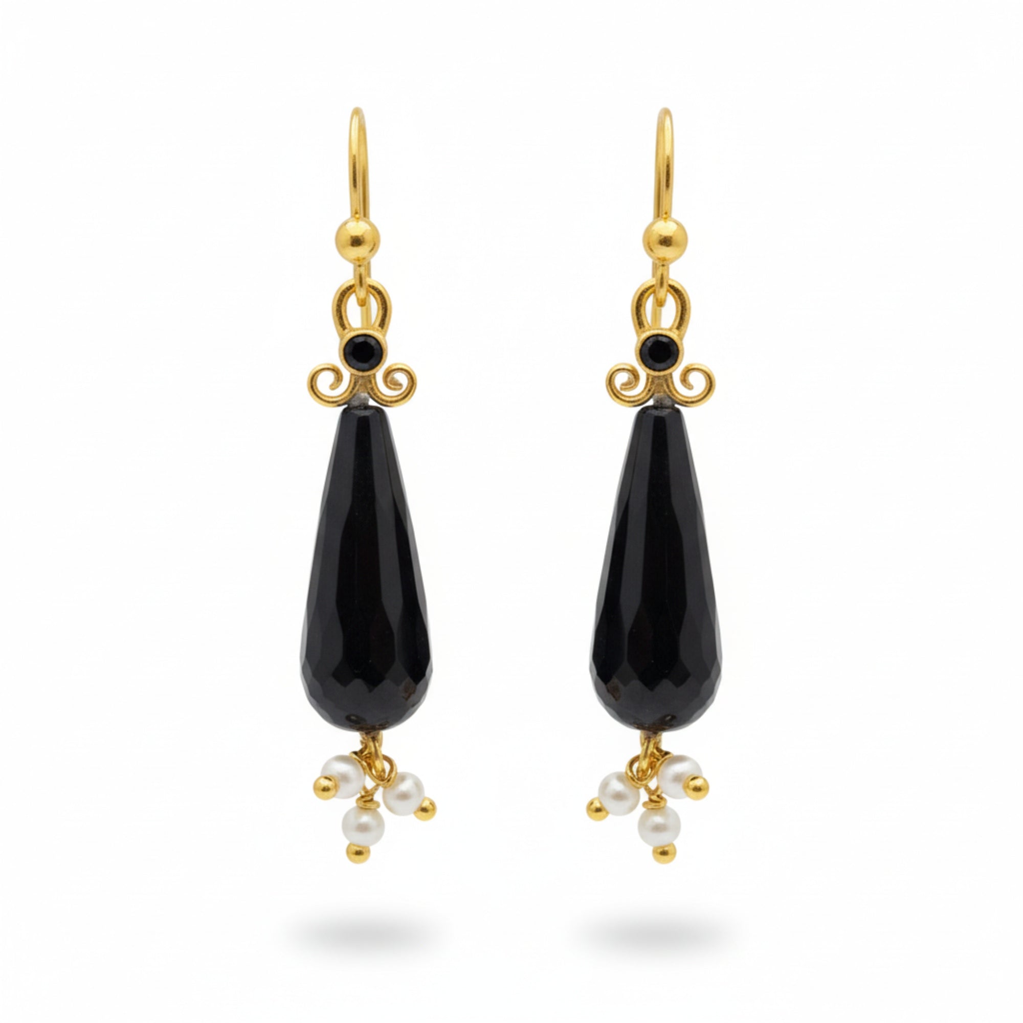 Onyx and Pearl charm earrings handcrafted by designer Sultan in Bodrum atelier, 925 sterling silver Turkish jewelry symbolizing balance and harmony