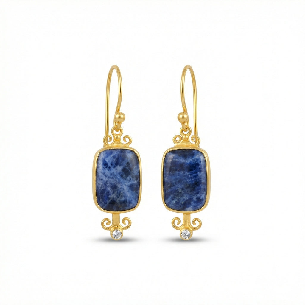 
Handmade large sodalite dangle earrings in 925 sterling silver with gold plating, artisan jewelry by Sultan Yilmaz Bodrum featuring natural blue gemstones
