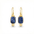 
Handmade large sodalite dangle earrings in 925 sterling silver with gold plating, artisan jewelry by Sultan Yilmaz Bodrum featuring natural blue gemstones

