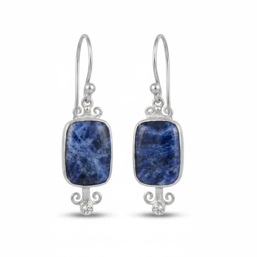 Designer handmade sodalite dangle earrings in 925 sterling silver with , Ancient Greek inspired Turkish jewelry gift by Sultan
