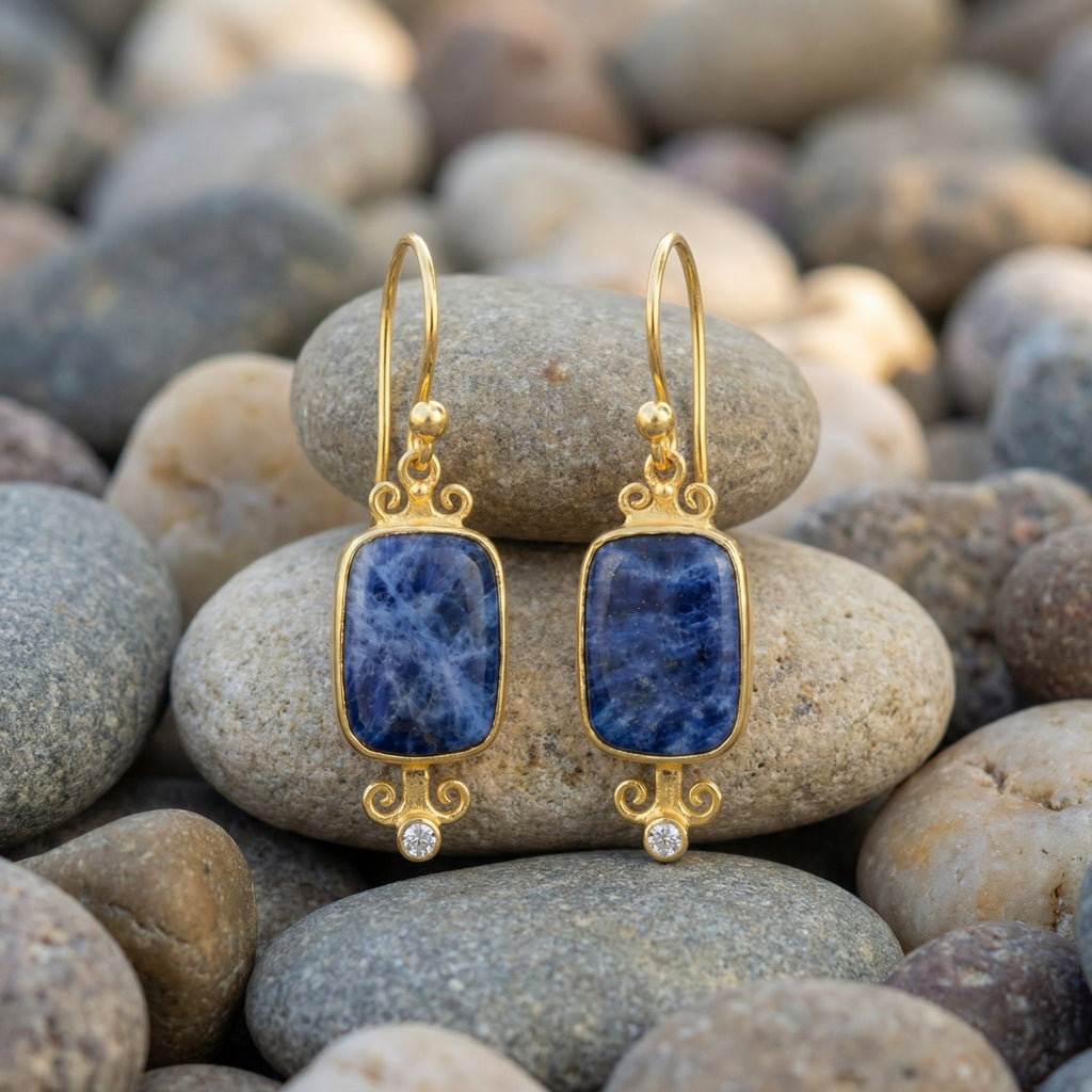 Designer handmade sodalite dangle earrings in 925 silver with 24k gold plating, Ancient Greek inspired Turkish jewelry gift by Sultan
