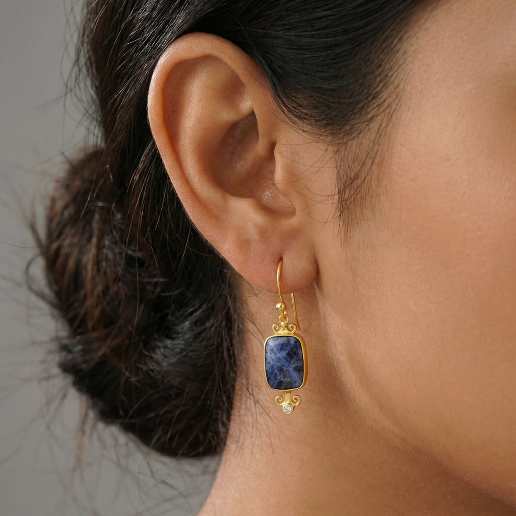 Turkish sodalite earrings in 925 sterling silver with ancient Roman inspired design, handcrafted artisan jewelry by Sultan Bodrum symbolizing inner peace
