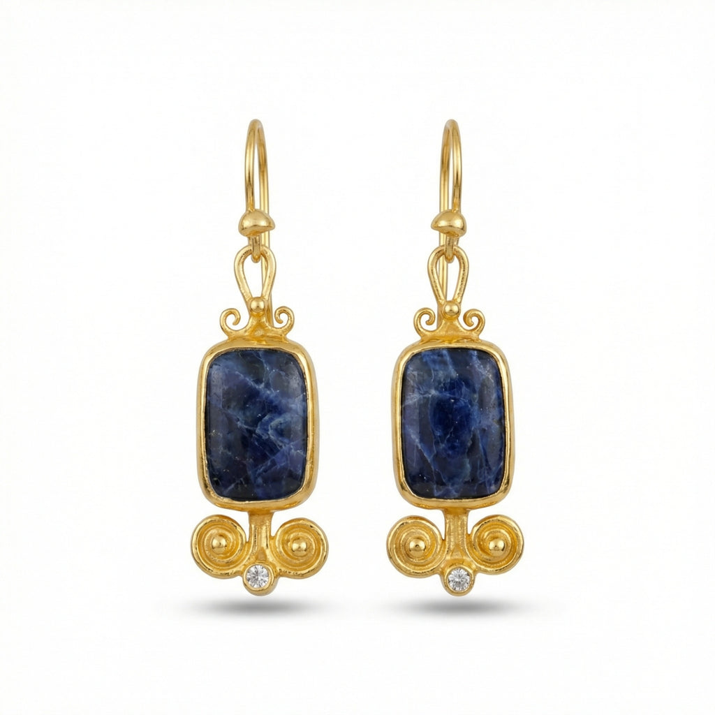 Handmade large sodalite dangle earrings in 925 sterling silver with gold plating, artisan jewelry by Sultan Yilmaz Bodrum featuring natural blue gemstones
