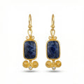 Handmade large sodalite dangle earrings in 925 sterling silver with gold plating, artisan jewelry by Sultan Yilmaz Bodrum featuring natural blue gemstones
