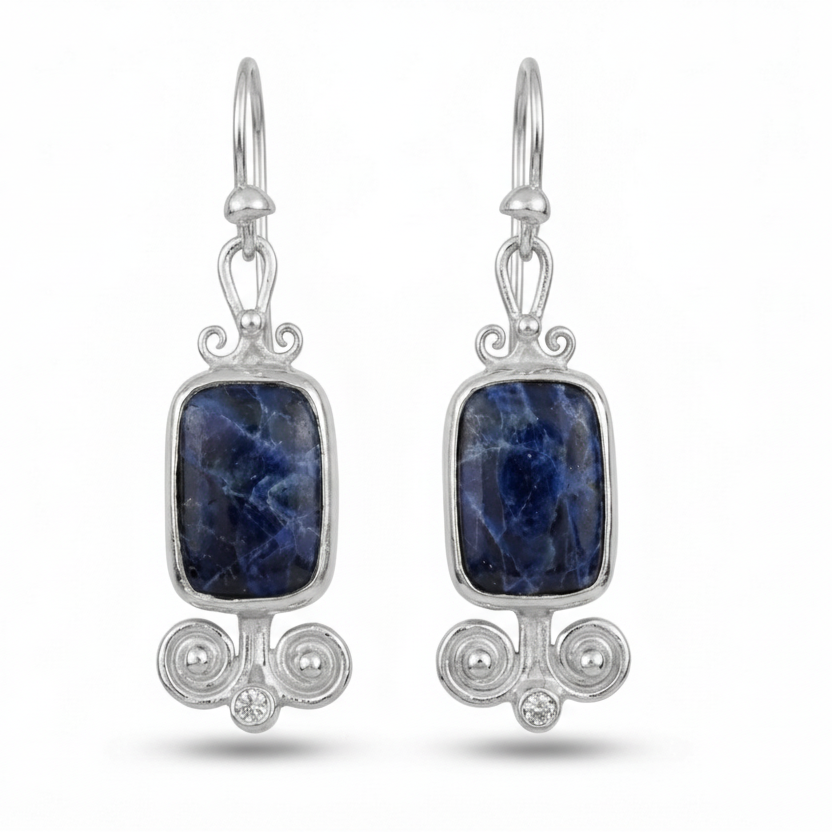 Turkish sodalite earrings in 925 sterling silver with ancient Roman inspired design, handcrafted artisan jewelry by Sultan Bodrum symbolizing inner peace and logic