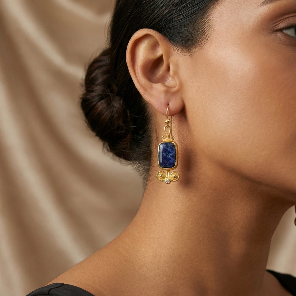 Designer handmade sodalite dangle earrings in 925 silver with 24k gold plating, Ancient Greek inspired Turkish jewelry gift by Sultan
