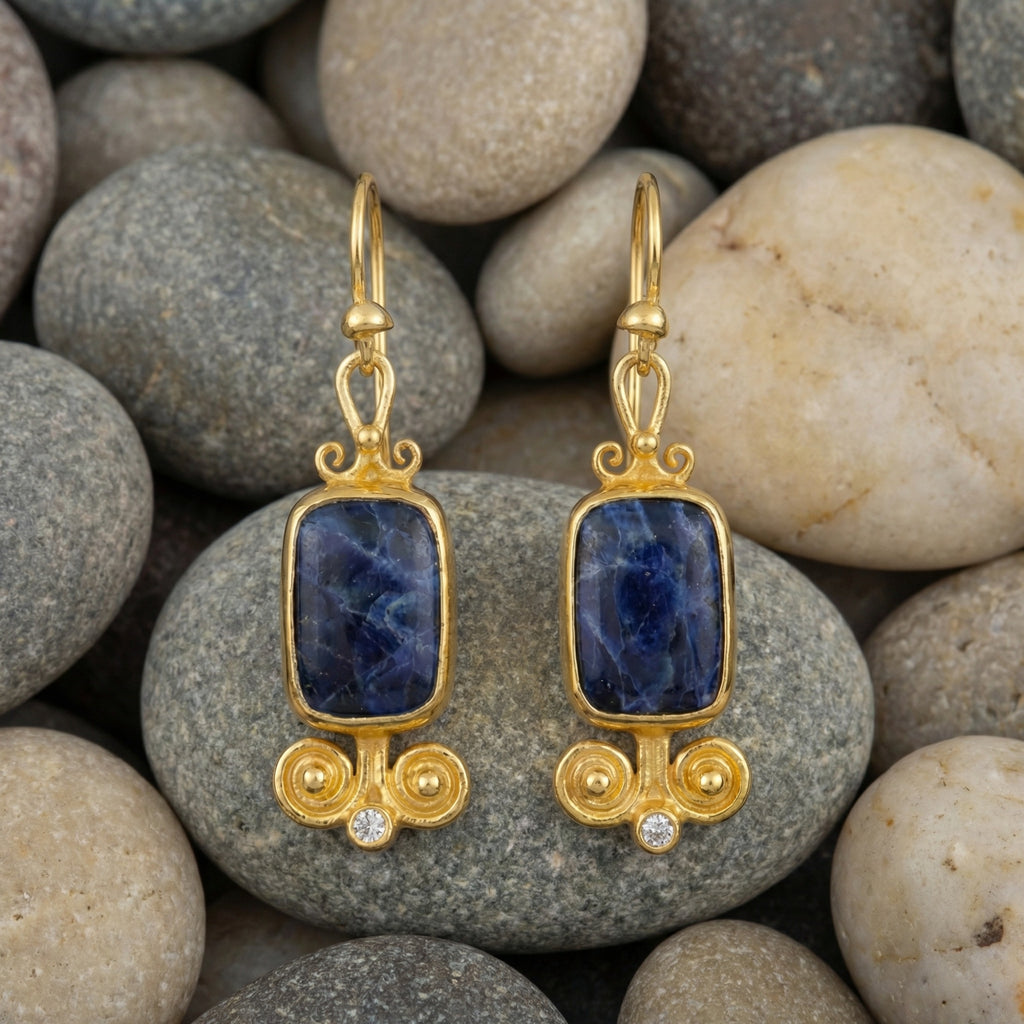 Statement sodalite dangle earrings in 925 sterling silver with gold plating, handcrafted artisan Turkish jewelry gift by Sultan
