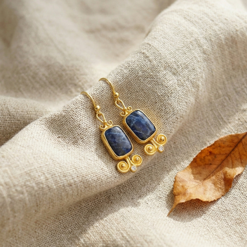 Large sodalite gemstone earrings in 925 sterling silver, handcrafted Turkish artisan jewelry by designer Sultan Bodrum
