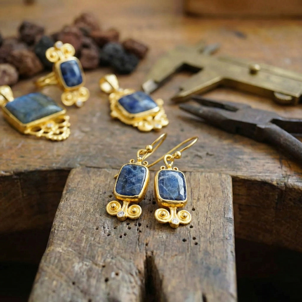 US Duties Incl: Turkish Sodalite Earrings, Roman Artisan Jewelry by Sultan Bodrum, 925 Silver, Symbol of Logic, Perfect Gift
