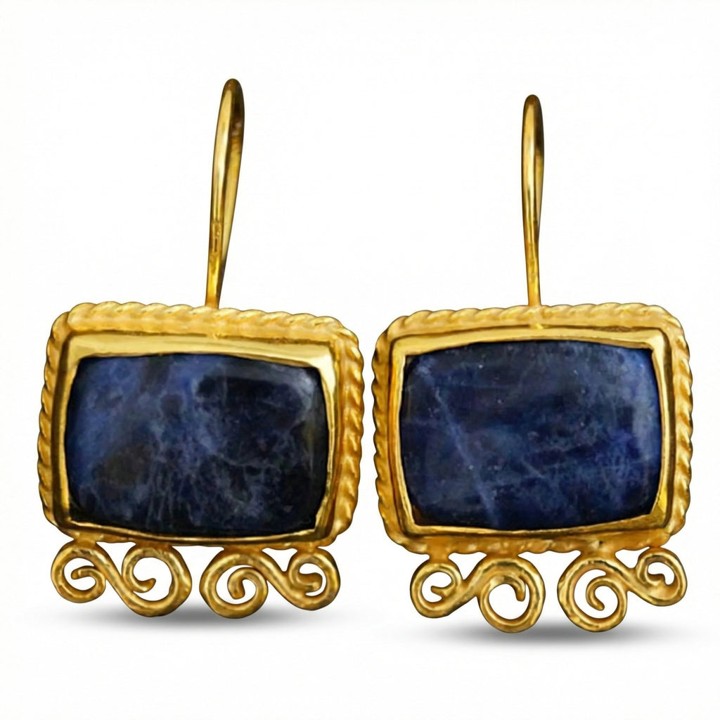 Handmade large sodalite dangle earrings in 925 sterling silver with gold plating, designer jewelry by Sultan Yilmaz Bodrum featuring natural blue gemstones
