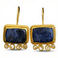 Handmade large sodalite dangle earrings in 925 sterling silver with gold plating, designer jewelry by Sultan Yilmaz Bodrum featuring natural blue gemstones
