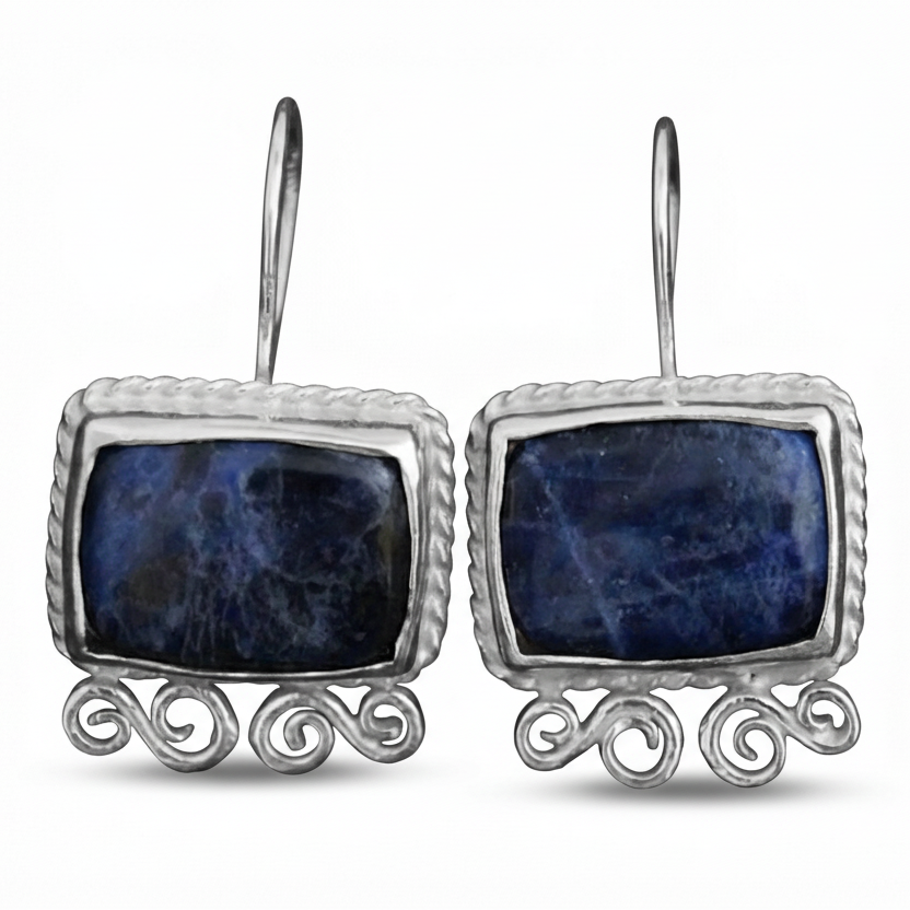 Turkish sodalite earrings in 925 sterling silver with ancient Roman inspired design, handcrafted artisan jewelry by Sultan Bodrum symbolizing intuition and clarity